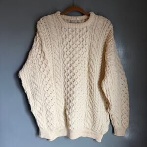 Vintage CLADYKNIT Women's XL White Irish Wool Cable Knit Fisherman's Sweater